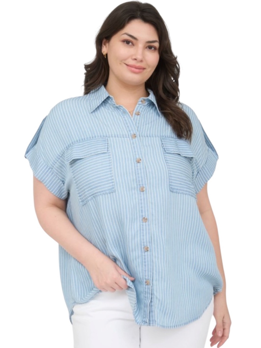 613. Plus Size Light Blue Striped Button-Front Shirt